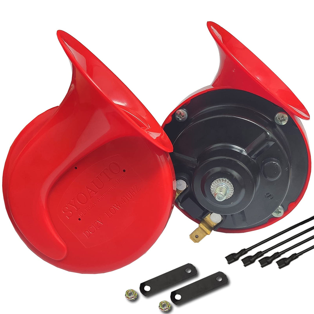 Car Horn Auto Horn 12V Horn Waterproof High Low Tone 120DB Universal Fit Electric Snail Horn 12V Horn Kit Replacement Car Horns Red
