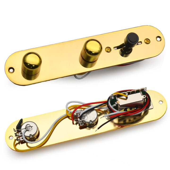 Guitar Control Plate Loaded Gold/Nickel with 3 Way Switch 500K Tone and Volume Knob Prewired Screws Output Jack for Fender Tele/Telecaster Gibson Sg Electric Guitar Parts Replacement