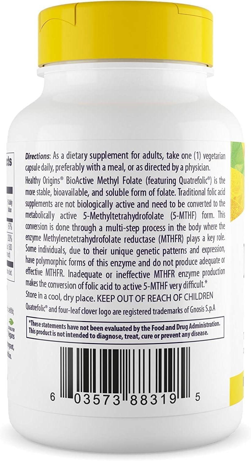 Methyl Folate 800 mcg (Quatrefolic, Non-GMO, Bioavailable Folate, Gluten Free, Neurotransmitter Support), 120 Veggie Caps