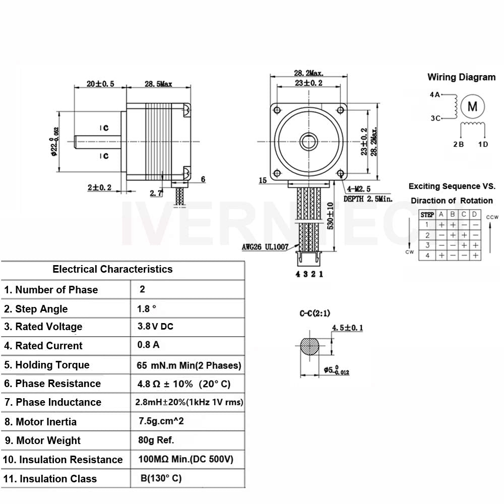 Nema 11 Stepper Motor 28mm Body 1.8 Stepper Angle 0.8A 2 Phase 4-Lead with 50CM Cable for 3D Printer, CNC Machine and Robotics
