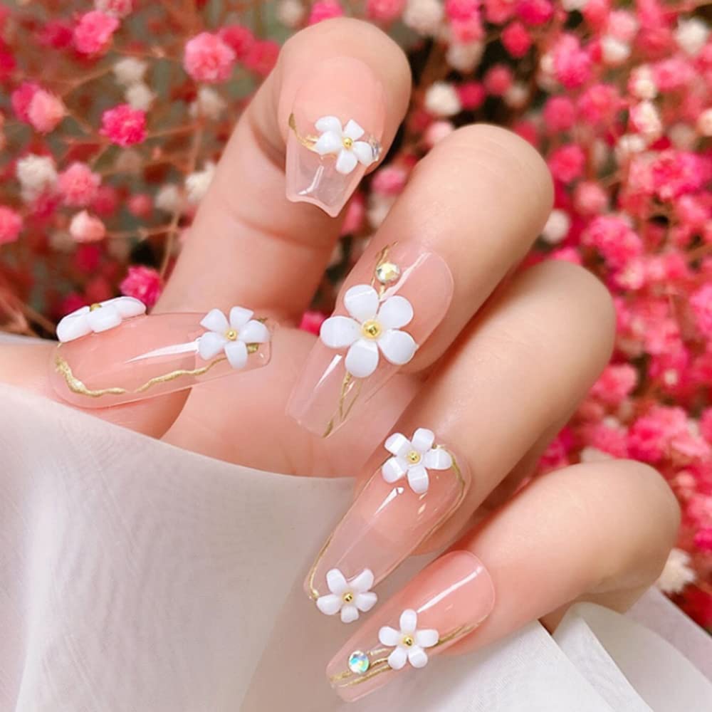 Flower Nail Art Charms 6 Boxes Luxury 3D Flower Nail Art Supplies White Pink Purple Flower Light Change Gold Silver Beads Design DIY Acrylic Nail Art Accessories for Women Girls