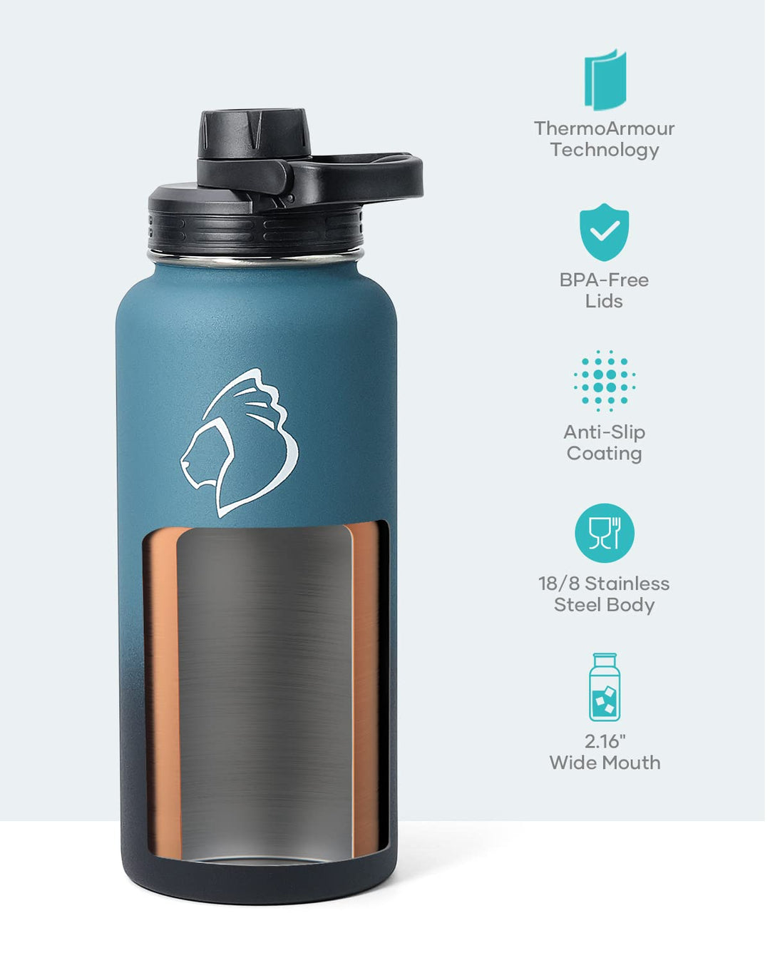 32 oz Water Bottle Insulated with Straw & 3 lid and Carrying Pouch, Leak Proof Anti-Slip Stainless Steel Water Flask Jug, Cold for 48 Hrs Double Vacuum Thermo Canteen, BPA-Free, Caribbean Blue
