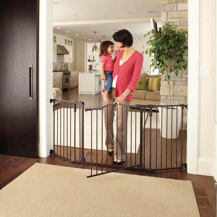 72” wide Deluxe Décor Baby Gate: Sturdy safety gate with one hand operation. Extra wide baby gate. Hardware Mount. Fits 38.3 - 72” Wide. (30 Tall, Matte Bronze)