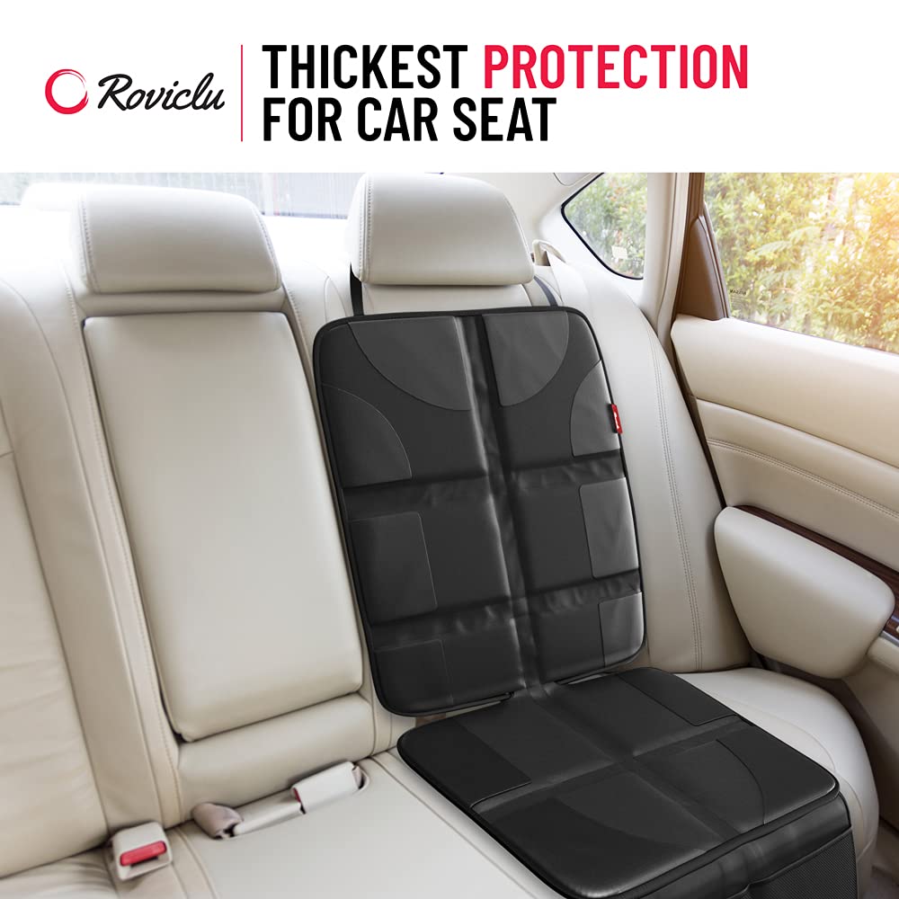 Car Seat Protector for Child Baby with Thickest Padding, Leather car seat Protection mat for Vehicles with Non-Slip Back Pad 8 Waterproof Layers, Mesh Storage Pockets, Universal (Black)
