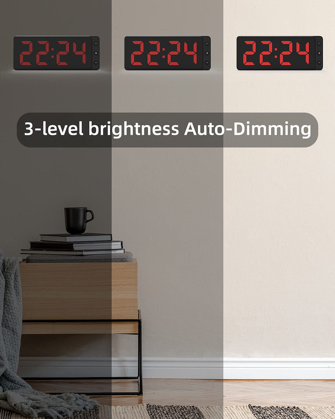LED Digital Wall Clock with Large Display, Big Digits, Auto-Dimming, 12/24Hr Format, Battery Backup, Silent Wall Clock for Farmhouse, Kitchen, Living Room, Bedroom, Classroom, Office – Red
