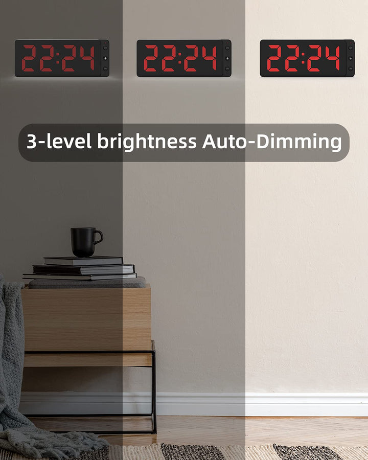 LED Digital Wall Clock with Large Display, Big Digits, Auto-Dimming, 12/24Hr Format, Battery Backup, Silent Wall Clock for Farmhouse, Kitchen, Living Room, Bedroom, Classroom, Office – Red
