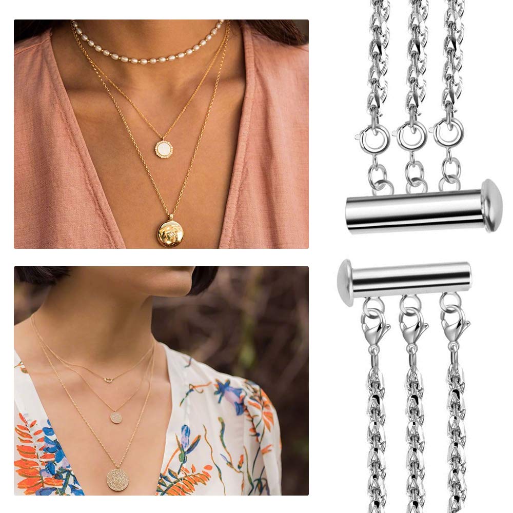 Layered Necklace Spacer Clasp, 3 Strands Necklaces Slide Magnetic Tube Lock with Lobster Clasps, Jewelry Clasps Connectors for Layered Bracelet Jewelry Crafts Necklace, 2 Pack Gold and Sliver