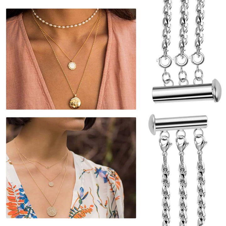 Layered Necklace Spacer Clasp, 3 Strands Necklaces Slide Magnetic Tube Lock with Lobster Clasps, Jewelry Clasps Connectors for Layered Bracelet Jewelry Crafts Necklace, 2 Pack Gold and Sliver