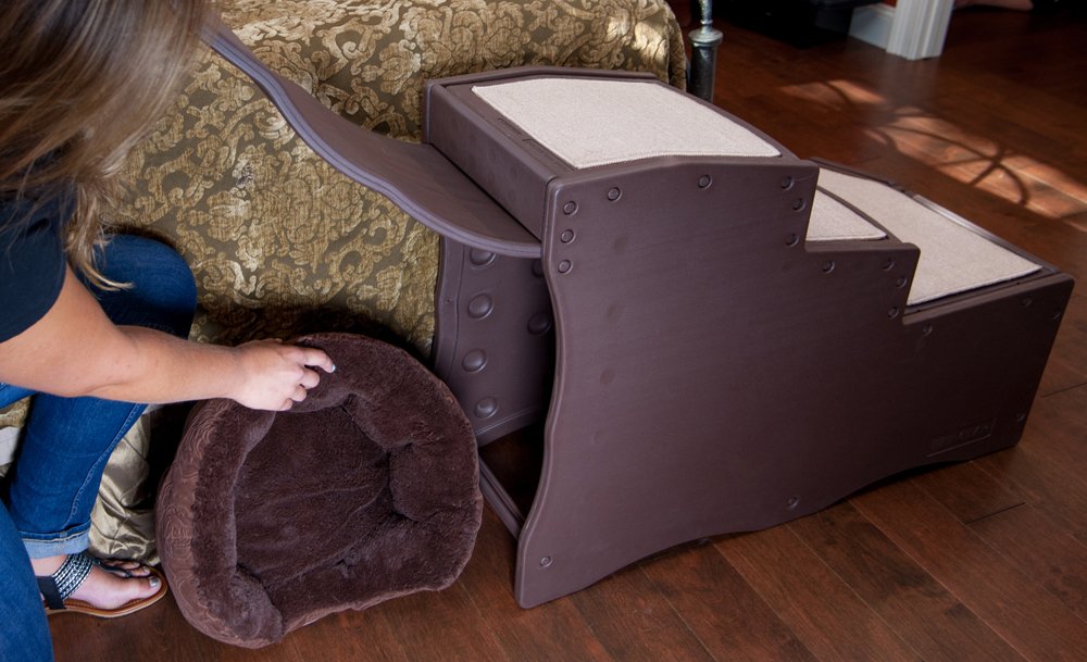 RAW SUGAR Easy Step Bed Stair for Cats/Dogs, Adjusts to Either Side of Bed, Removable Washable Carpet Treads, Storage Compartment, for Pets Up to 75lbs