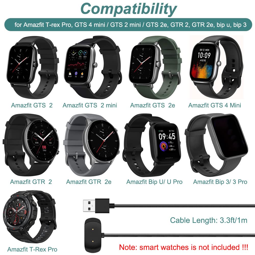 Charger Cable for Amazfit Bip 5, Bip 3, Bip U, T-Rex Pro, GTS 4 Mini, GTS 2, GTS 2 Mini, GTS 2e, GTR 2, GTR 2e, Active, USB Charging Cable Dock Cord 3.3ft Smartwatch Accessories