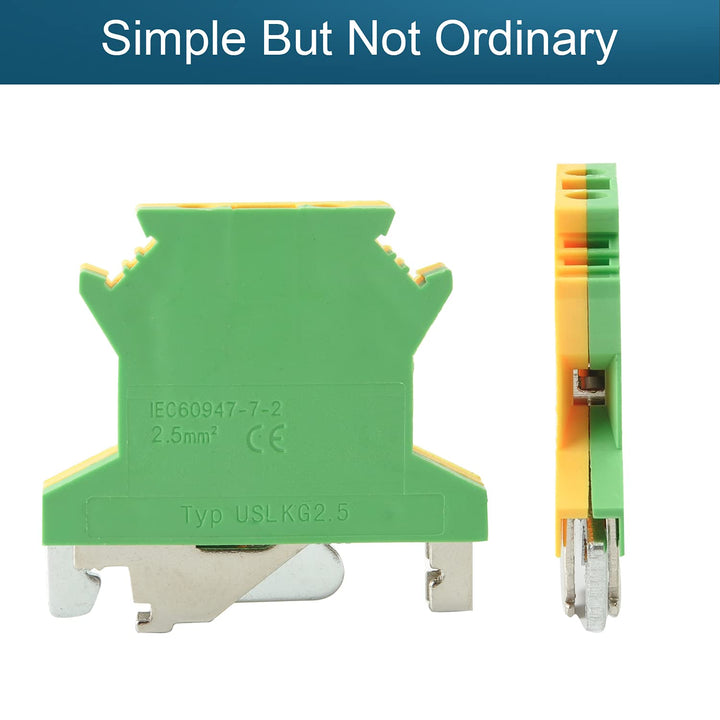 25Pcs USLKG2.5 0.2-4mm2 DIN Rail Mount Grounding Terminal Block DIN Rail Terminal Blocks Screw Clamp Connector, 800V 34A, Yellow-Green