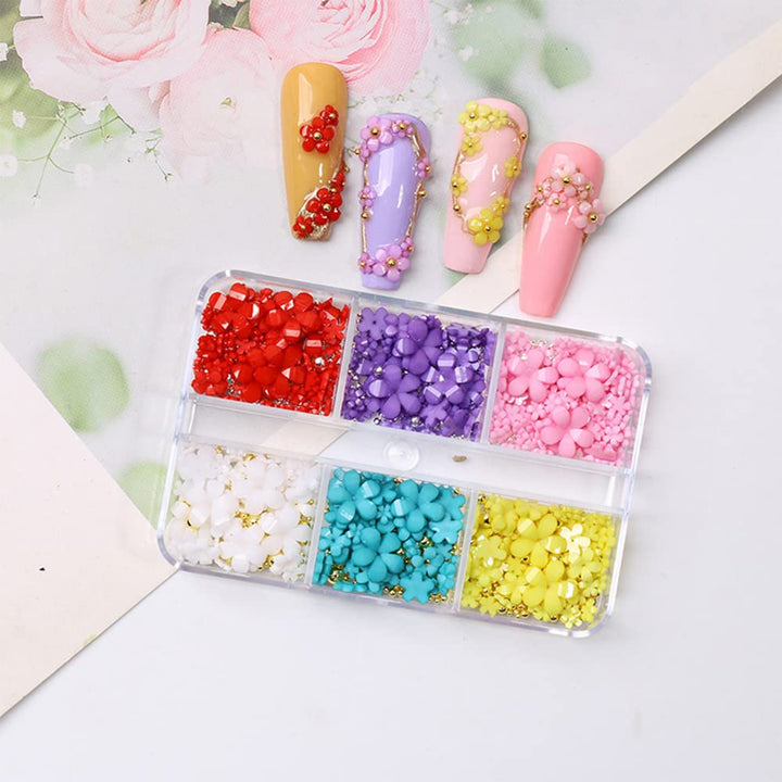 Flower Nail Art Charms 6 Boxes Luxury 3D Flower Nail Art Supplies White Pink Purple Flower Light Change Gold Silver Beads Design DIY Acrylic Nail Art Accessories for Women Girls