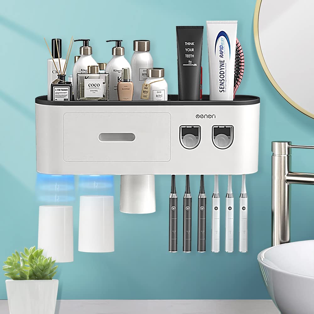 2 Automatic Toothpaste Dispensers, Toothbrush Holder with Squeezer Kit Wall-Mounted, Multifunctional Bathroom Organizer, 2 Magnetic Cups(2 Cups)