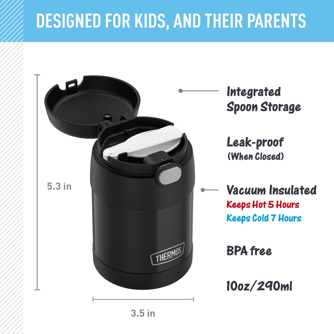 FUNTAINER Insulated Food Jar – 10 Ounce, Black – Kid Friendly Food Jar with Foldable Spoon