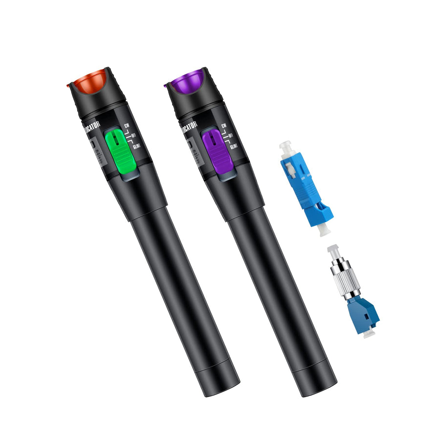 2Pcs Visual Fault Locator + SC/LC+FC/LC Adapter Kit, Single Mode 9/125um Adapter, Fiber Optic Cable Tester Meter for Telecommunications Engineering Maintenance (Green+Purple)