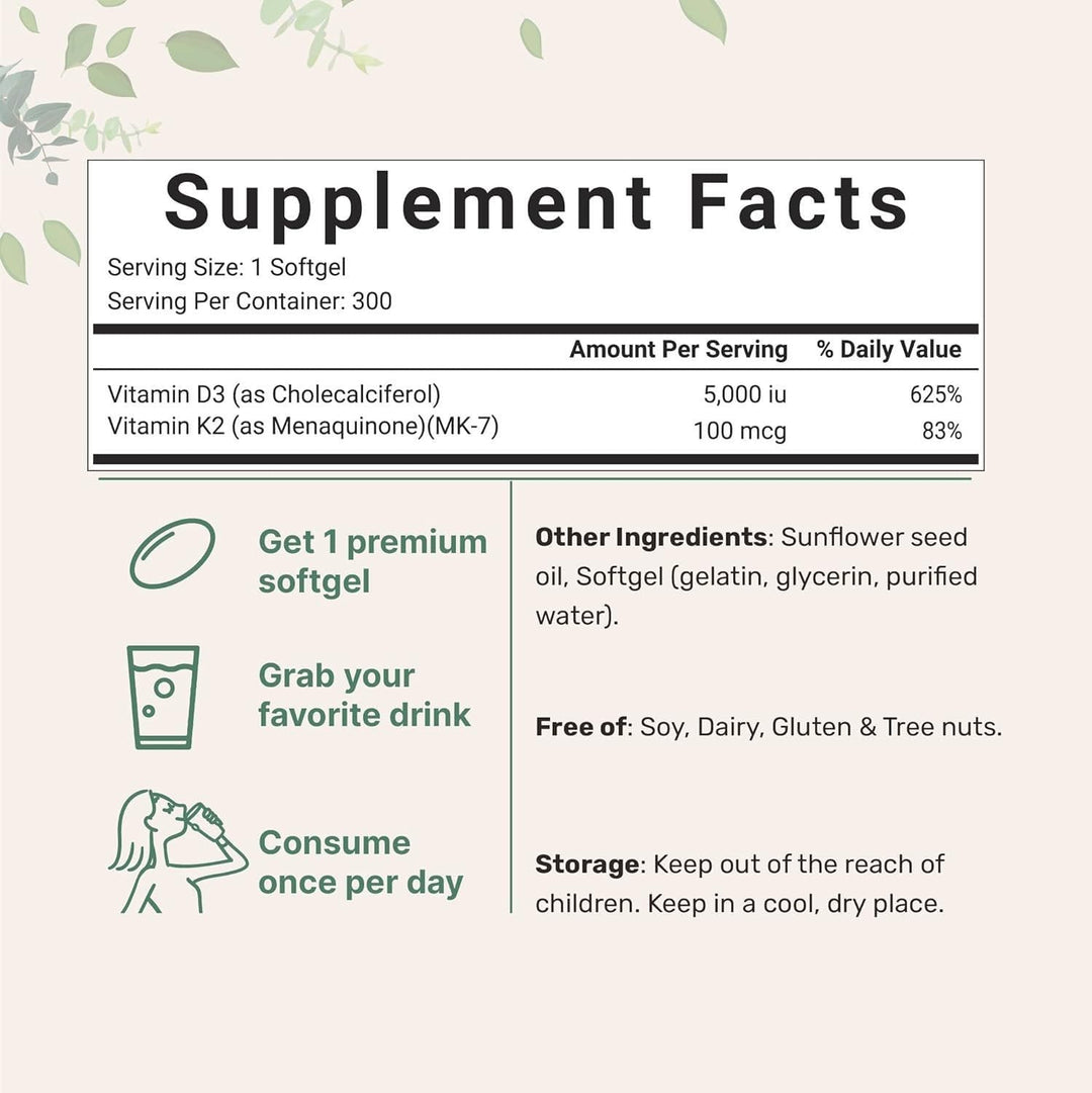 D3 5000 IU with K2 100 mcg, 300 SoftGels | D3 + K2 Supplement to Support Immune, Heart, Joint, Teeth and Bone Health | 300 Day Supply, Easy to Swallow