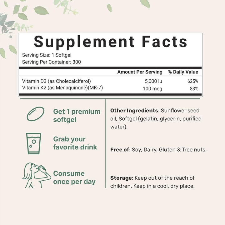 D3 5000 IU with K2 100 mcg, 300 SoftGels | D3 + K2 Supplement to Support Immune, Heart, Joint, Teeth and Bone Health | 300 Day Supply, Easy to Swallow