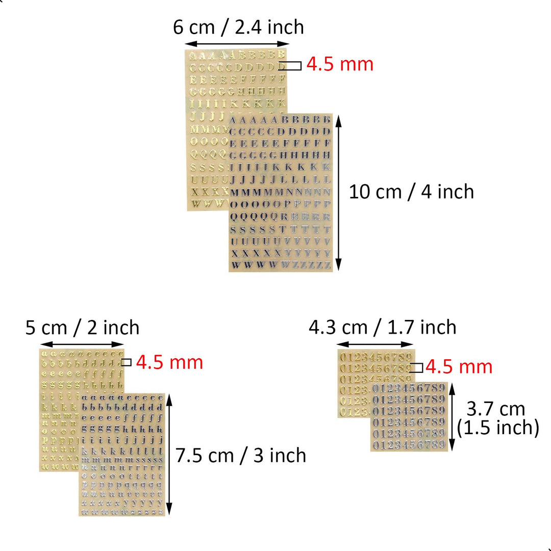 6 Sheets Small 0.18 inch Alphabet Number Stickers Mini Letters Stickers Glitter Alloy Self Adhesive Letters Stickers for Epoxy Resin Casting Decoration DIY Crafts Scrapbook, Gold/Silver (4.5mm)