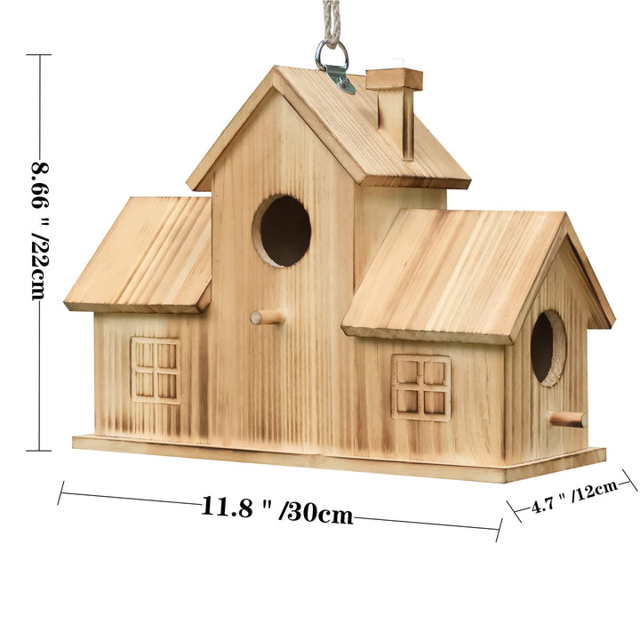 Bird Houses for Outside,Outdoor 3 Hole Bird House Room for 3 Bird Families Bluebird Finch Cardinals Wooden Hanging Birdhouse for Garden
