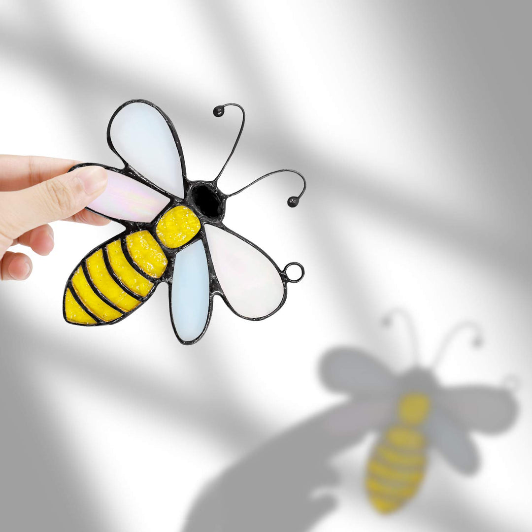 Bee Suncatcher Window Hanging Ornament w/Suction Cup, Spring Farmhouse Bumble Bee Double Side Stained Glass Panel Garden Yard Tree Hanging Decor, Bee Lover Day Teachers Day Gifts