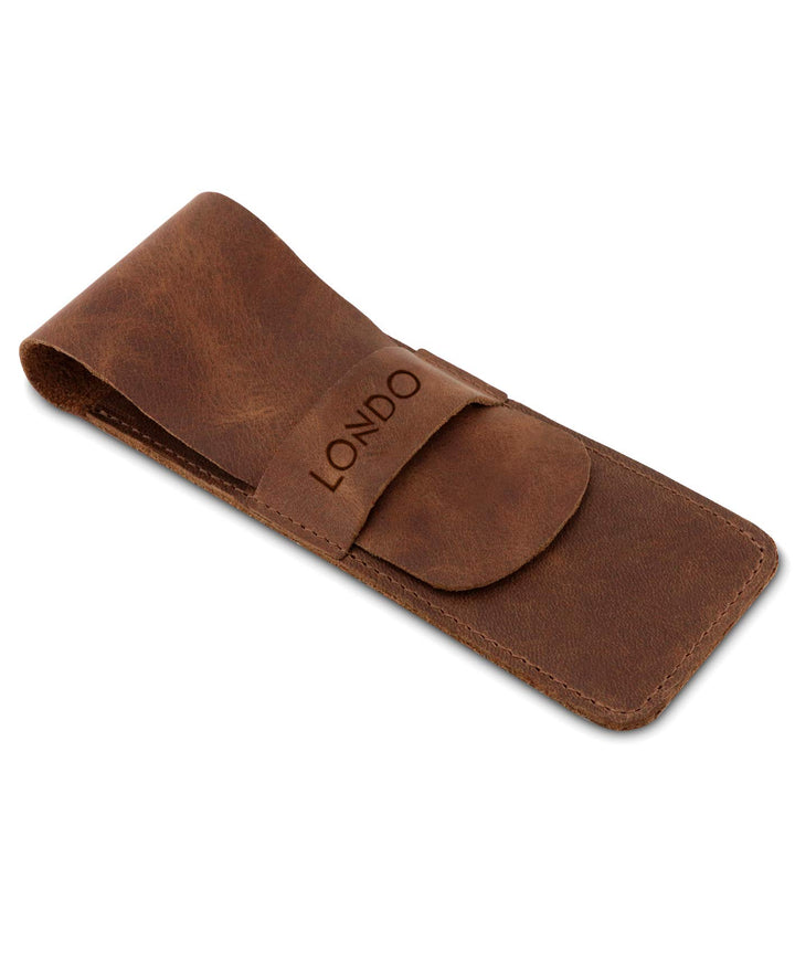 Genuine Leather Pen and Pencil Case with Tuck in Flap (Brown)