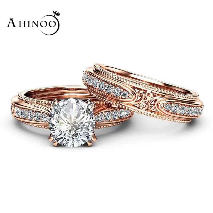925 Sterling Silver Fashion 18k Rose gold Bride Ring Round cut Cubic Zirconia Anniversary Promise Rings Set CZ Classic Eternity Engagement Wedding Band Ring for Women (US Code 6)