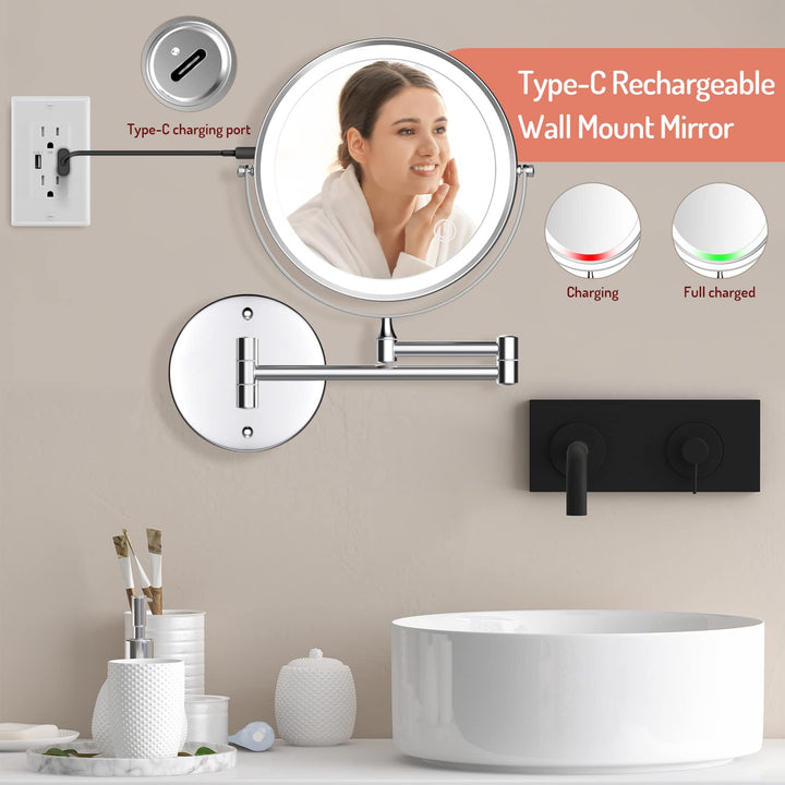 Rechargeable Wall Mounted Lighted Makeup Mirror Chrome, 8 Inch Double-Sided LED Vanity Mirror 1X/10X Magnification,3 Color Lights Touch Screen Dimmable 360°Swivel 13 Inch Extendable