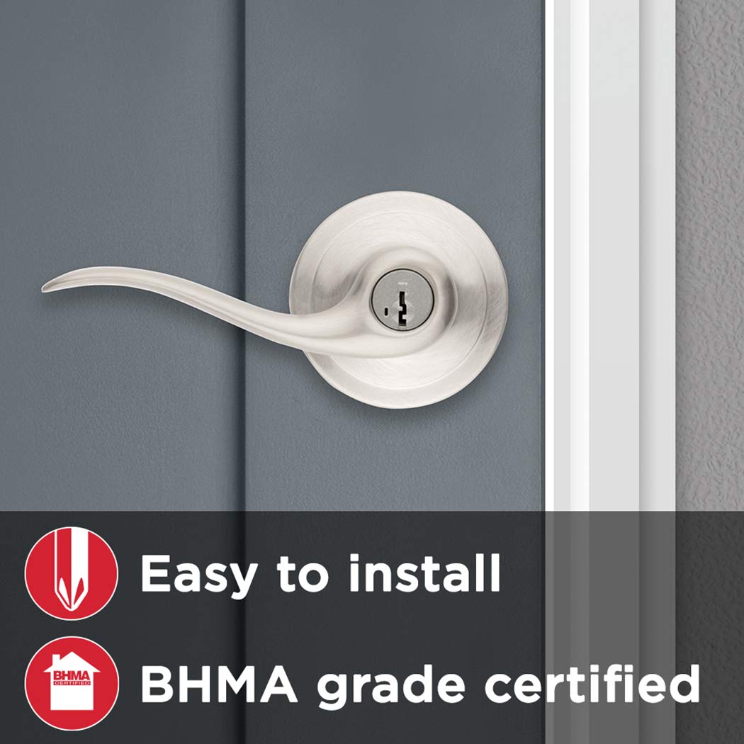 Satin Nickel Keyed Lever Door Handle with Lock, Reversible, Pick Resistant Smartkey Security - For Front Doors and Bedrooms