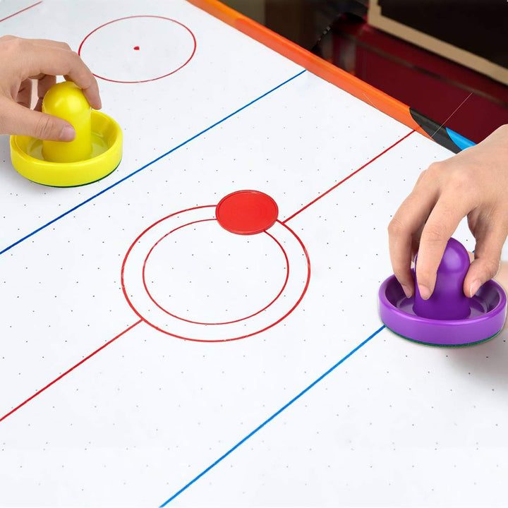 Air Hockey Pushers and Red Air Hockey Pucks, Goal Handles Paddles Replacement Accessories for Game Tables(4 Striker, 8 Puck Pack) (Purple and Yellow)