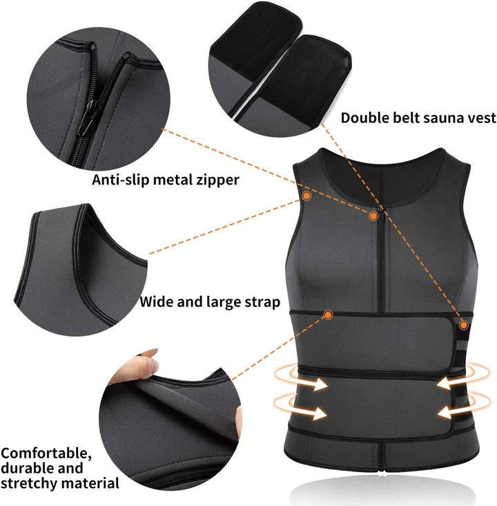 Sauna Waist Trainer Vest for Men Sweat Vest with Double Belt Workout Neoprene Body Shaper Tank Top,Gray XL