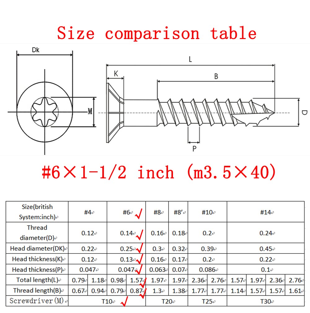 Wood Screws #6 × 1-1/2 inch Torx Star Drive Deck Screws Flat Head M3.5 × 40 Countersunk T10 Self Tapping Thread Cut 200pcs Carbon Steel Galvanized, (Small Box)