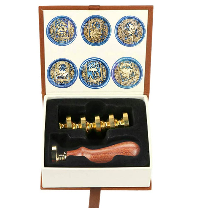 Wax Seal Stamp, Animal Wax Seal Stamp Set with 4 PCS Removable Brass Heads and 1 Wooden Handle, Dragon Mermaid Peacock Swan Wax Seal Stamp Kit for Wedding Invitation Envelopes Decoration