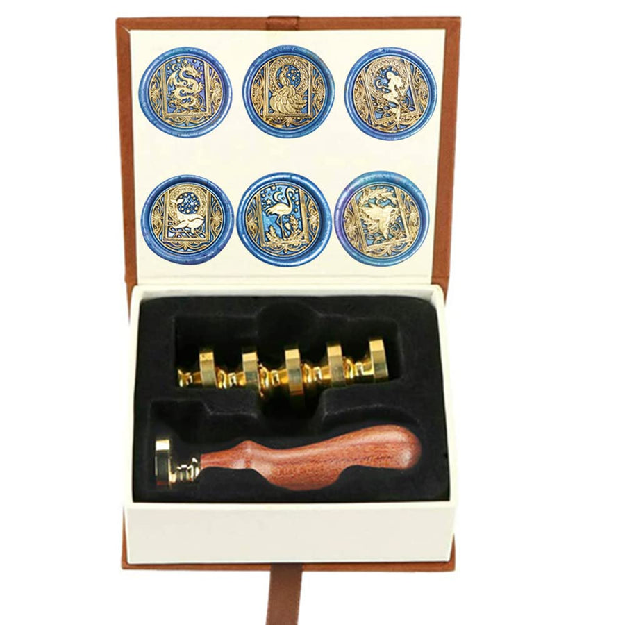 Wax Seal Stamp, Animal Wax Seal Stamp Set with 4 PCS Removable Brass Heads and 1 Wooden Handle, Dragon Mermaid Peacock Swan Wax Seal Stamp Kit for Wedding Invitation Envelopes Decoration