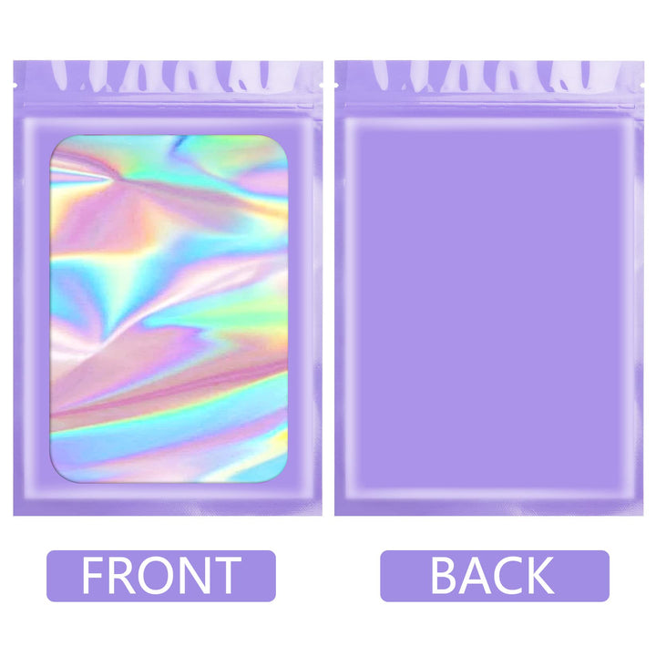 Funfery 100 pcs Purple Smell Proof Holographic Bags Packaging Bags,Clear Resealable Odor Proof Bags Foil Pouch Zipper Bag for Food Storage,Lipgloss,Jewelry,Eyelash Packaging for Small Business(4x6In)