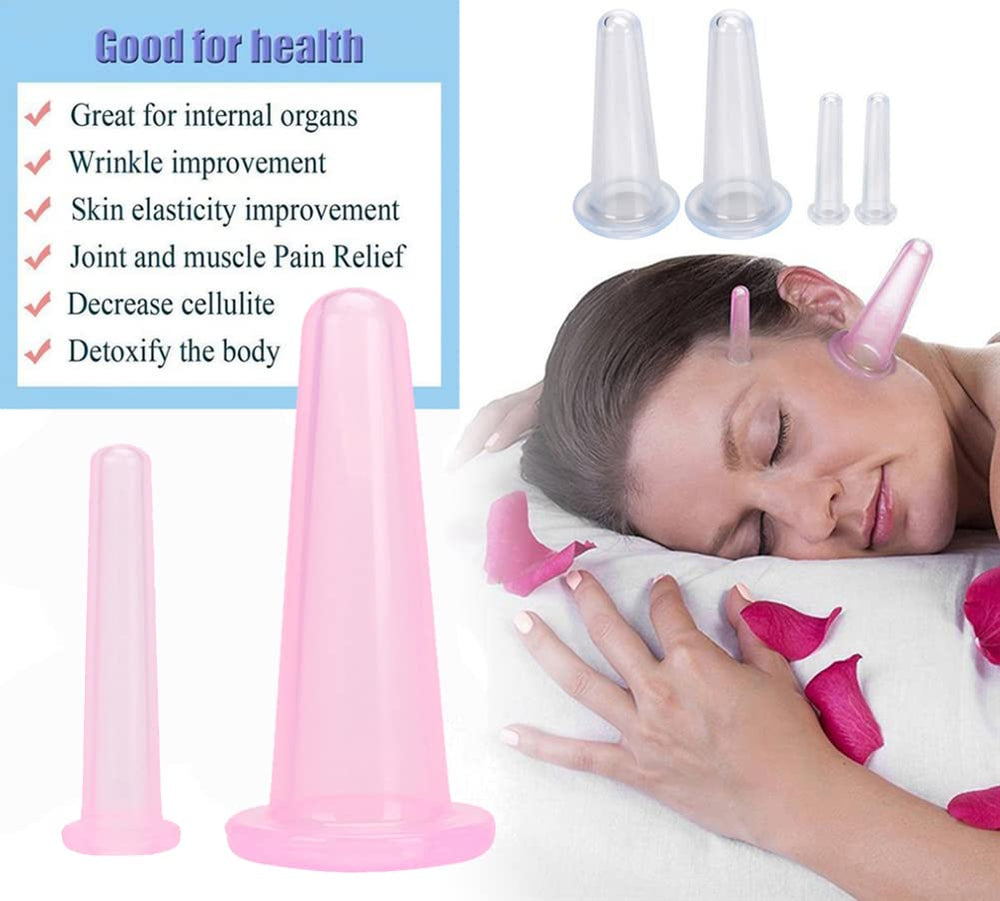 4Pcs/ Set (2 Large &2 Small) Natural Silicone Massage Cup, Suitable for Body, Face, Neck, Back, Eye Massage, Vacuum Tank, Perfect for Body and Facial Care, Anti-aging Beauty Tool (Pink)