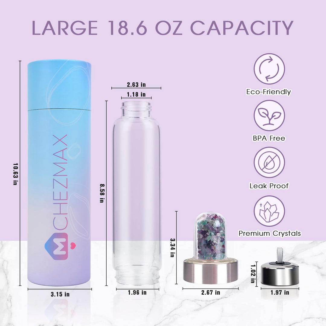 Crystal Water Bottle - Quartz Glass Water Bottle with Changeable Natural Crystal Center,Loose Natural Gem Leaf Tea Infuser Bottle, Gemstone Elixir Infused Glass Water Bottle with Sleeve Protective