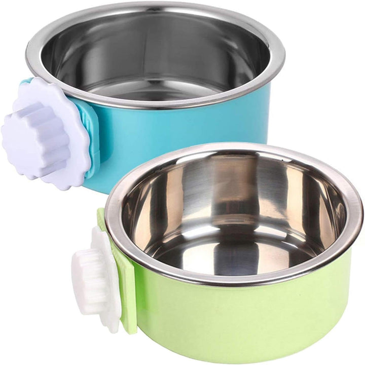 Crate Dog Bowl, Removable Stainless Steel Hanging Pet Kennel Cage Bowl Food & Water Feeder Coop Cup for Puppy, Cat, Rabbit,Guinea Pigs 2pcs (Blue,Green)