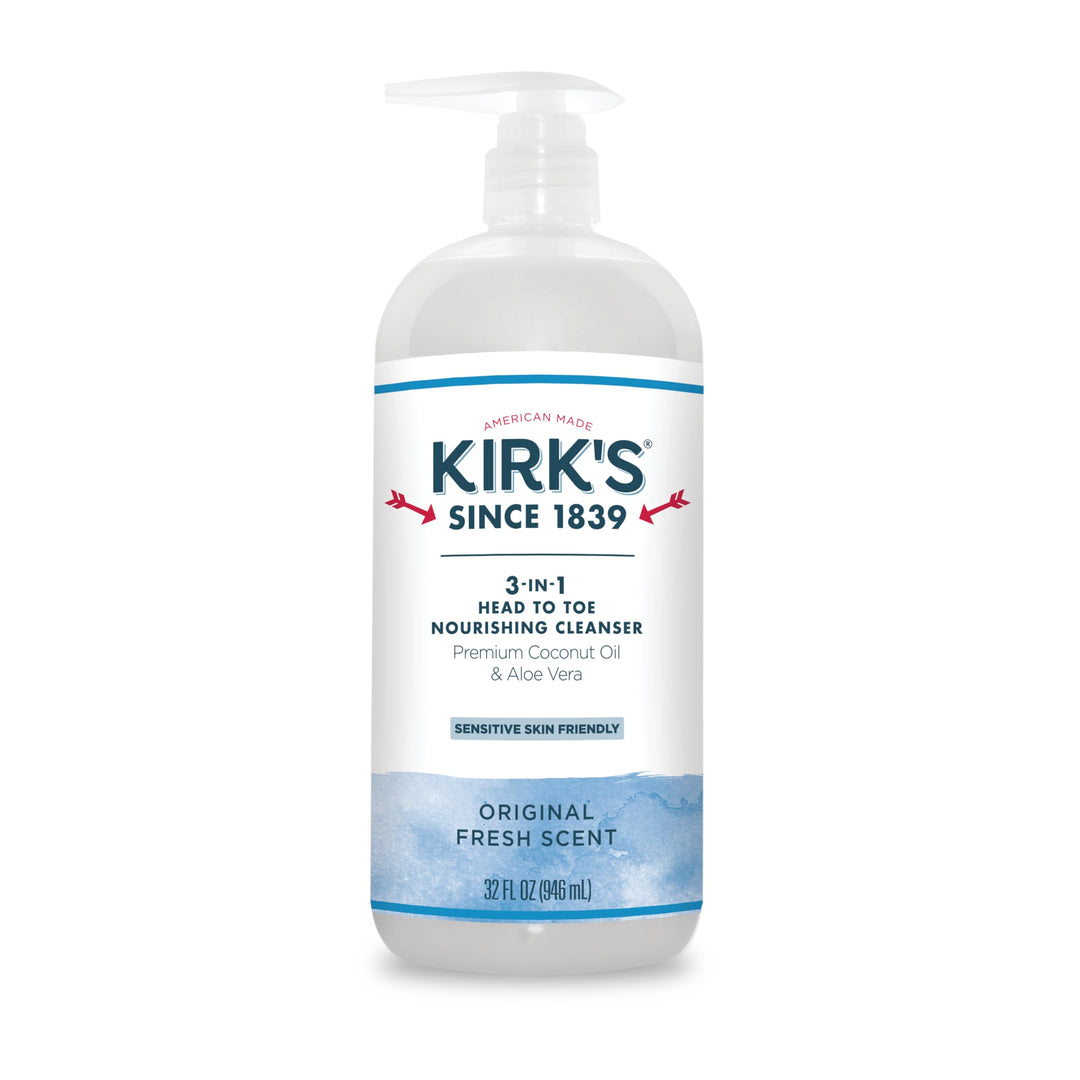 3-in-1 Castile Liquid Soap by Kirk’s | Head-to-Toe Natural Shampoo, Face Soap & Body Wash for Men, Women & Children | Coconut Oil + Aloe Vera | Original Fresh Scent | 32 Fl Oz. Pump Bottle