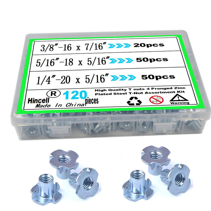 T Nuts 1/4-20,5/16-18, 3/8-16, 120pcs Zinc Plated Steel T-Nut 4 Pronged Tee Blind Nuts Assortment Kit for Wood, Rock Climbing Holds, Cabinetry, Furniture,etc.