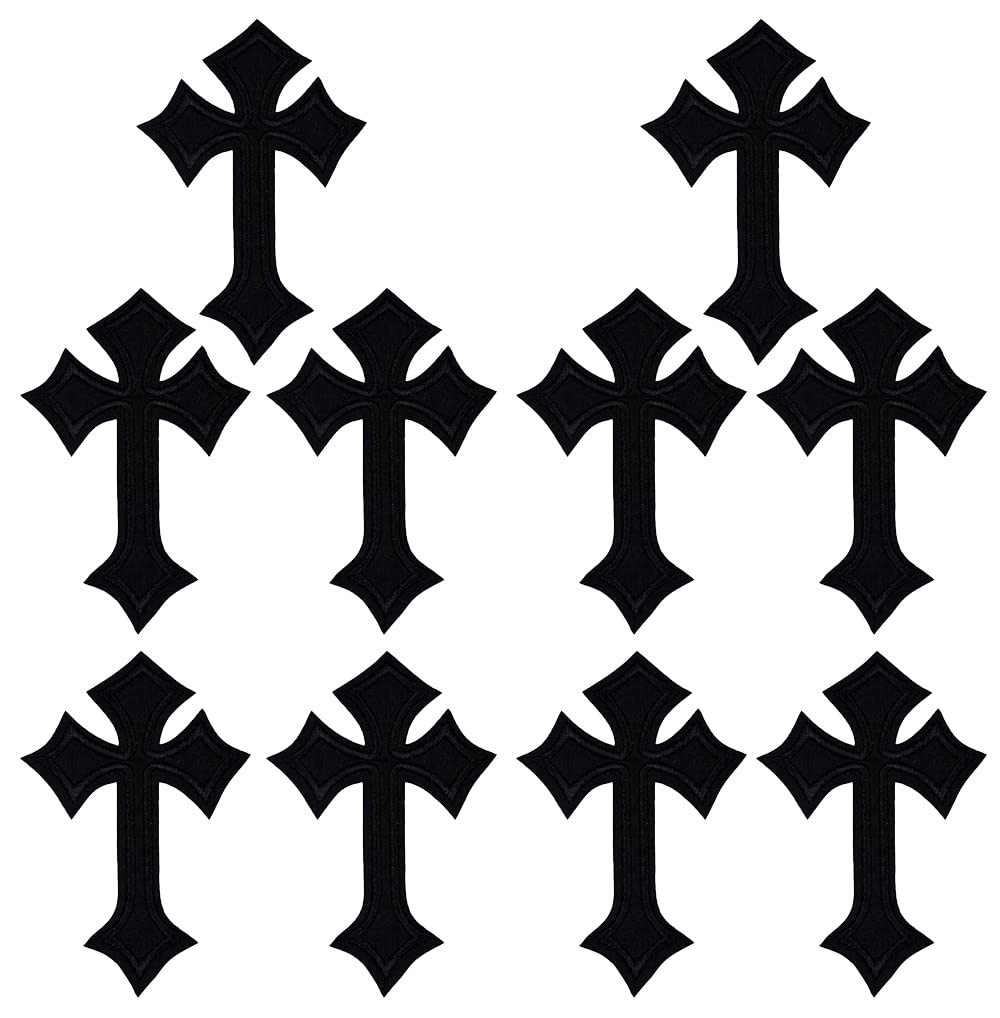 10 Pieces Religious Patch Gothic Punk Black Cross Embroidered Applique Iron on Sew On Clothing Embroidered Patches for Bag Jeans Jackets Cap T-Shirt DIY Clothes Craft(Black Cross)
