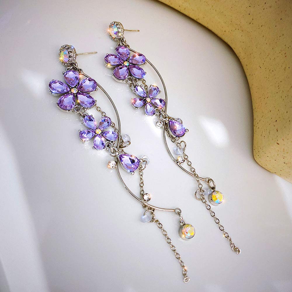 Silver Long Flower Earrings Purple Rhinestones Big Dainty Floral Drop Earrings Statement Charm Earring Body Jewelry for Women and Girls