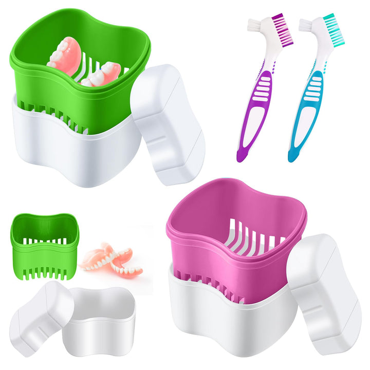 2 Denture Bath Cases with 2 Denture Cleaner Brushes Denture Boxes Dentures Container with Basket Denture Holder Brush Retainer Case for Travel Retainer Cleaning (Lake Blue, Light Green, Blue, Green)