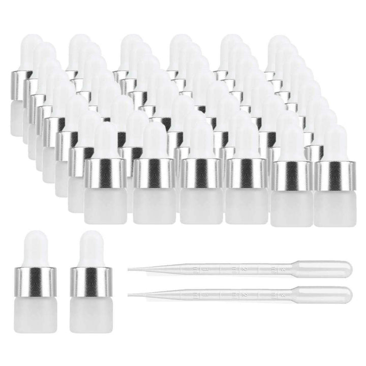 50Pcs Mini Translucent Frosted Glass Dropper Bottle Sample Vial Jar Empty Refillable Cosmetic Essential Oil Bottle Container with Glass Eye Dropper, 2pcs 3ml Transfer Dropper Pipette (1ml, Gold Cap)