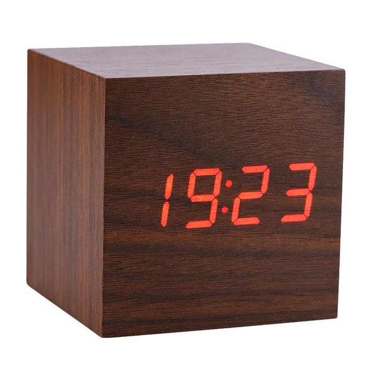 Digital Alarm Clock, LED Clock 3 Levels Brightness Modern Wooden Cube Clock Temperature Display with Voice Control for Bedrooms (Brown)