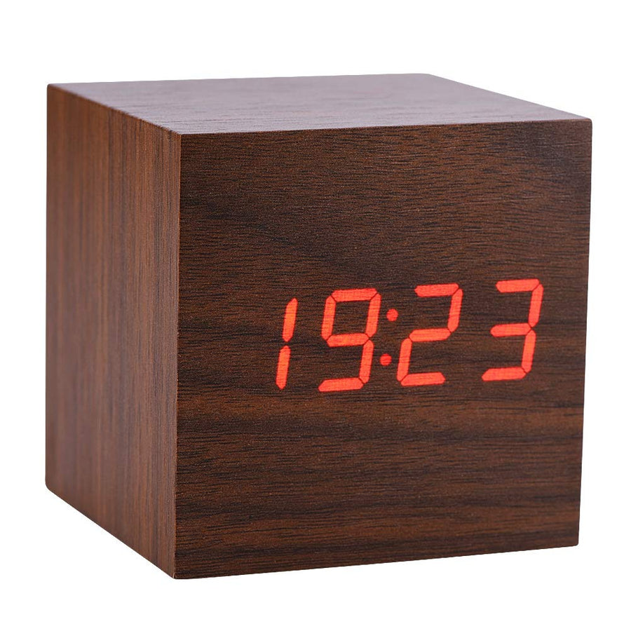 Digital Alarm Clock, LED Clock 3 Levels Brightness Modern Wooden Cube Clock Temperature Display with Voice Control for Bedrooms (Brown)