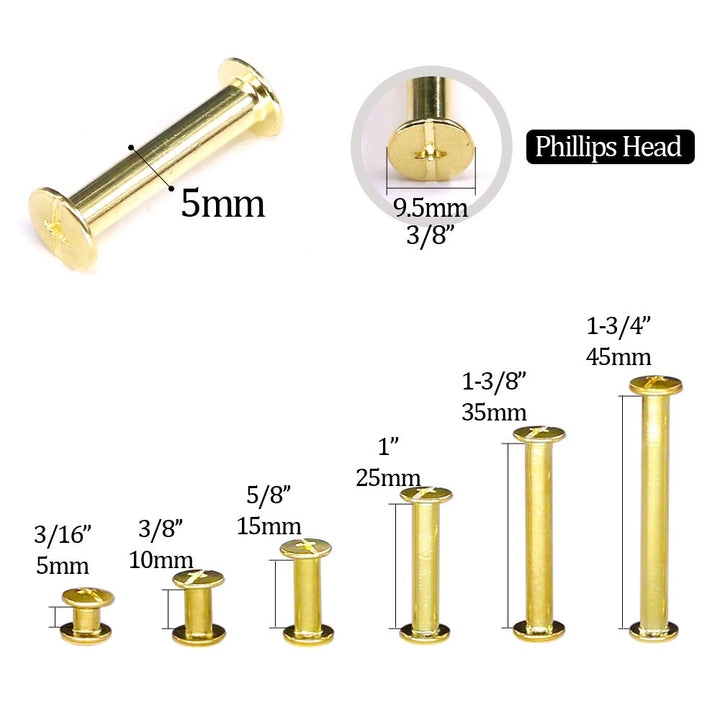 50-Sets M5 Brass Plated Phillips Chicago Screw Posts Binding Screws Assortment Kit for Scrapbook Photo Albums Binding, Leather Repair - Gold (M5 x 40mm-50Sets)