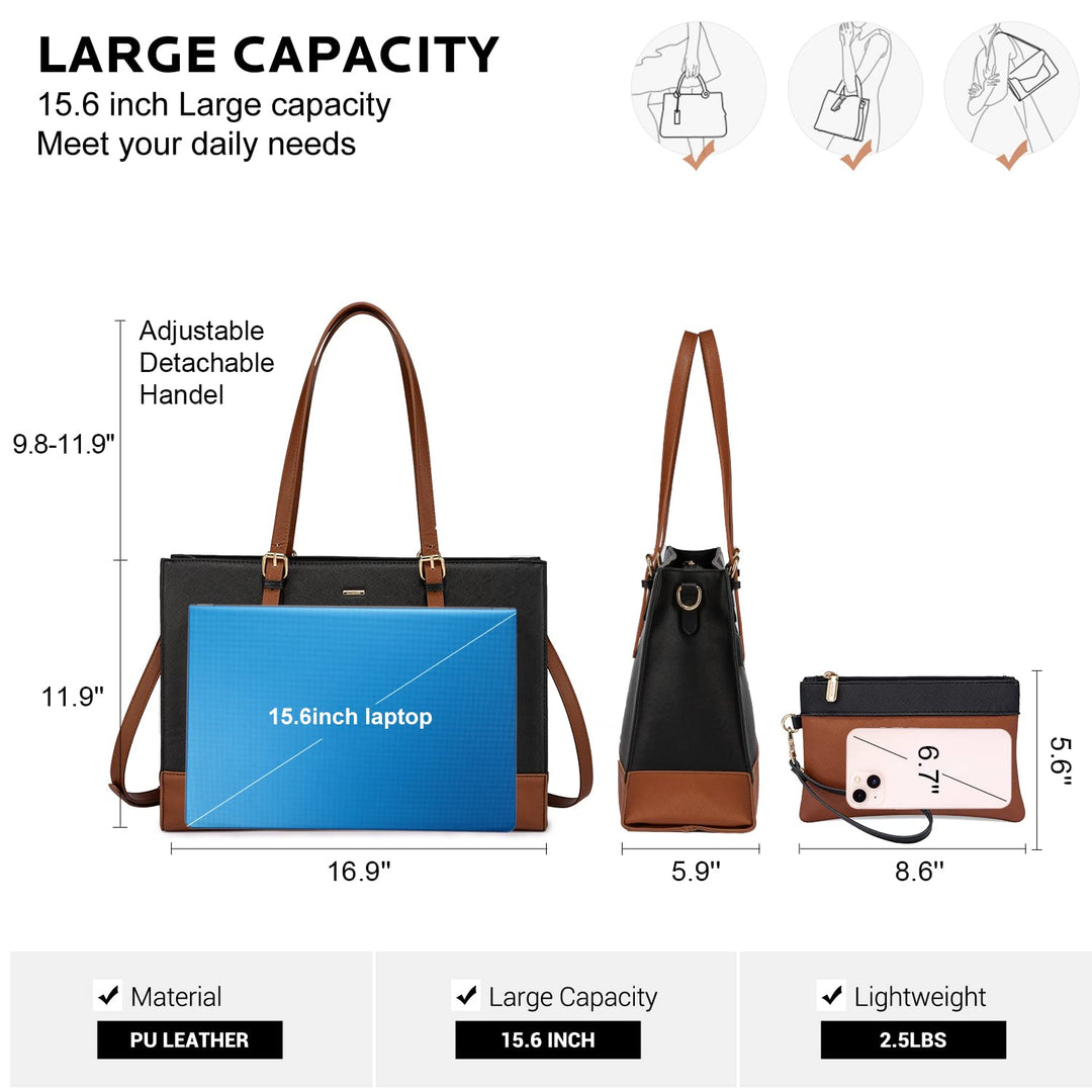 Laptop Bag for Women Work Bag 15.6 inch Large Capacity Computer Tote Handbag Faux Leather Shoulder Bag Purse
