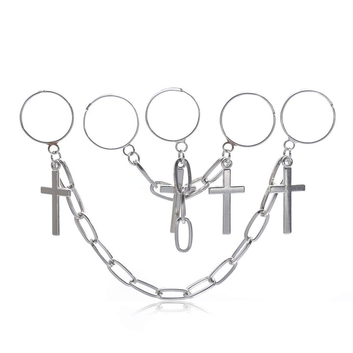 3Pcs Punk Cross Knuckle Ring with Chain Tassel Paperclip Link Chain Finger Ring Gothic Statement Ring Pack for Women Men