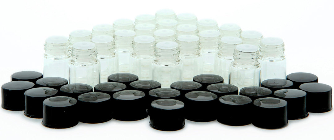 , 24, Clear, 2 ml (5/8 Dram) Glass Bottles, with Orifice Reducers and Black Caps