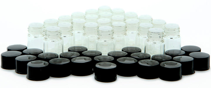 , 24, Clear, 2 ml (5/8 Dram) Glass Bottles, with Orifice Reducers and Black Caps